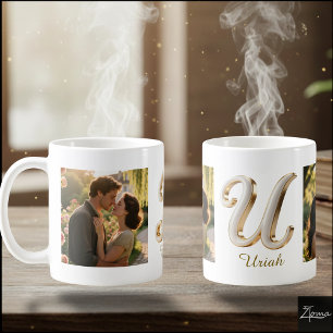 Luxuriöse Kursiv Gold Weiße Initiale U + 2 FOTO Kaffeetasse