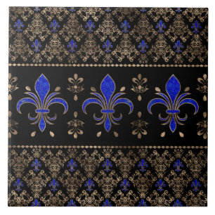 Luxuriöse Lapils Lazuli und goldene Fleur-de-lis-O Fliese