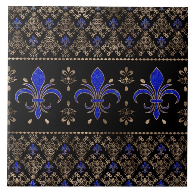 Luxuriöse Lapils Lazuli und goldene Fleur-de-lis-O Fliese (Vorderseite)