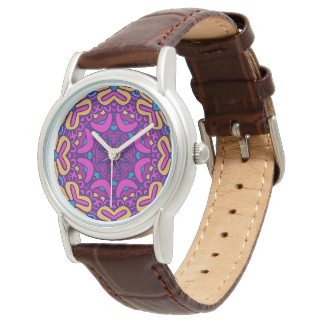 Luxuriöse Lederuhr - Stilvolles Boho-Tribal-Muster Armbanduhr (Schrägansicht)