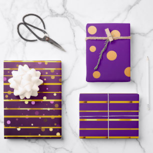 Luxuriöse Lila & Gold Streifen und Dot Christmas Geschenkpapier Set