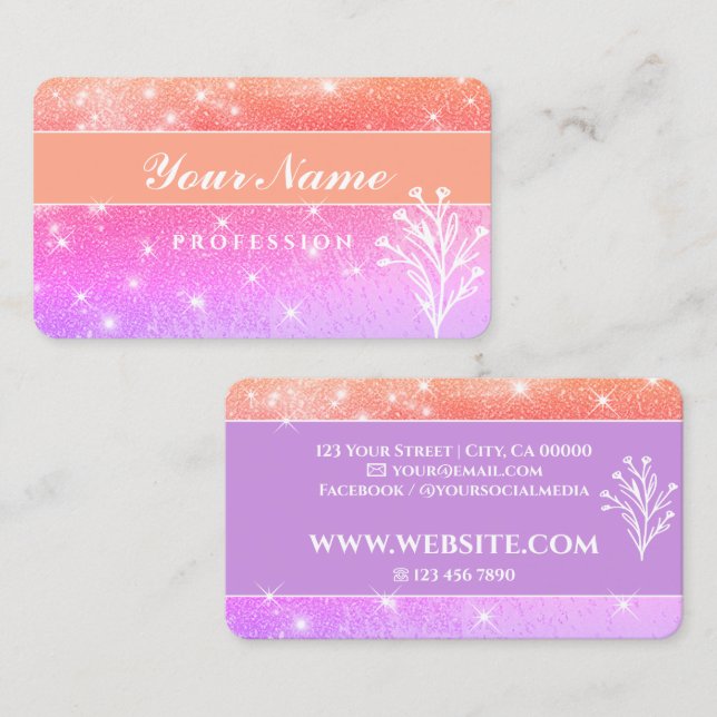 Luxuriöse Lila Pfirsichrosa Glitzer Sparkling Star Visitenkarte (Vorne/Hinten)