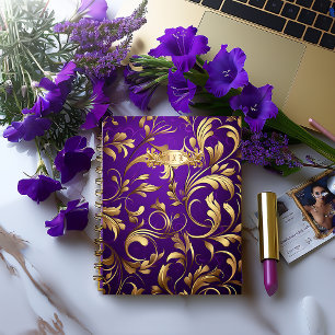 Luxuriöse Lila- und GoldDamaskus-Mit Monogramm Notizbuch