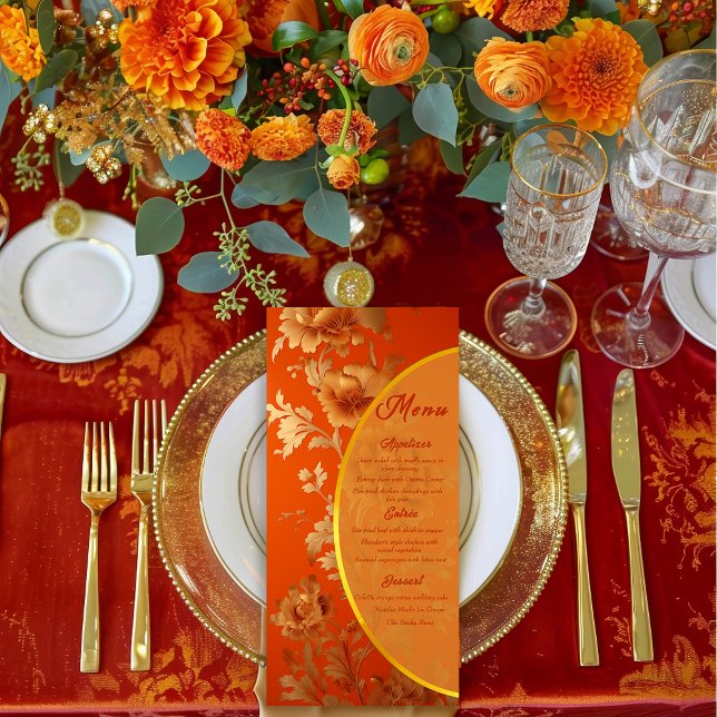 Luxuriöse Mandarin Orange & Gold Floral Wedding Menükarte (Stunning Mandarin Orange and Gold Wedding Menu )