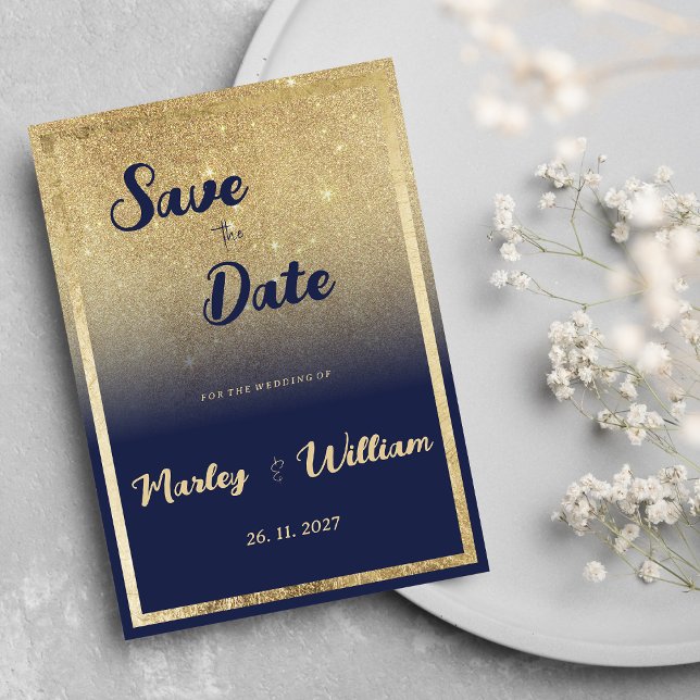 Luxuriöse Marineblau Goldmedaille Glitzer Save the Einladung (Luxury navy blue gold ombre glitter Save the Date)