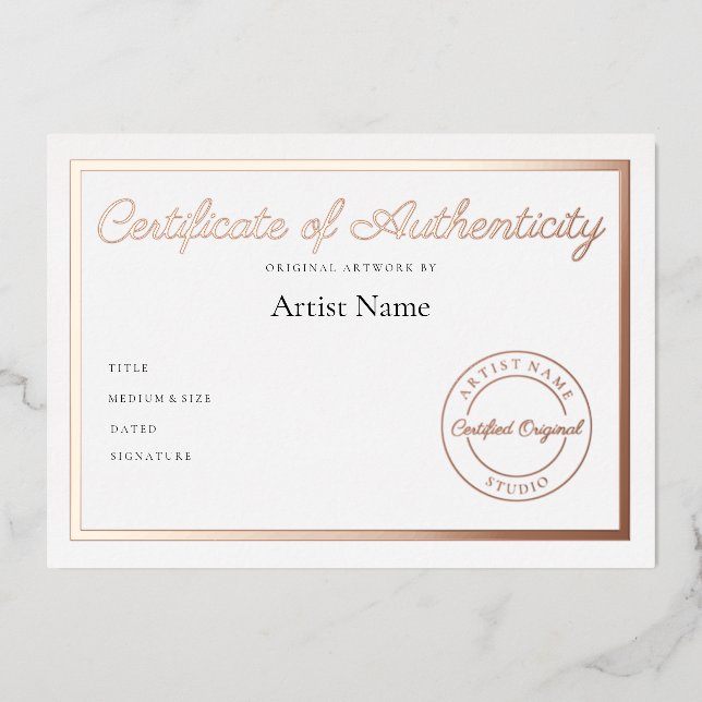 Luxuriöse Metallic-Echtheitsbescheinigung Kunst Folieneinladung (Vorderseite)
