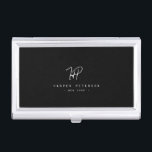 Luxuriöse Minimal Monogram Black Ivory Chic Stilvo Visitenkarten Dose<br><div class="desc">Das elegante und stilvolle,  moderne monogramm Visitenkartenlesegerät in Weiß und Schwarz ist ein raffiniertes minimalistisches Design,  das Ihr Monogramm in einem handgeschriebenen Skript mit eleganter Serifentypografie kombiniert. Auf der Rückseite ist Platz für Ihre Adresse.</div>