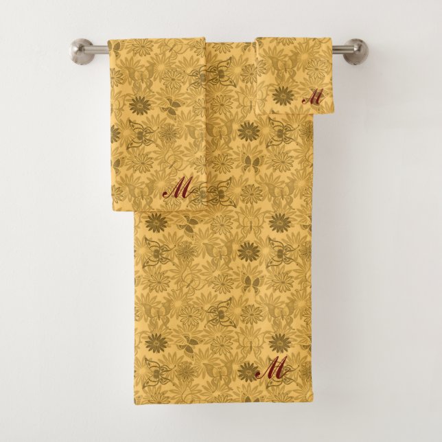 Luxuriöse moderne Gold Natural Floral Butterfly Badhandtuch Set (Insitu)