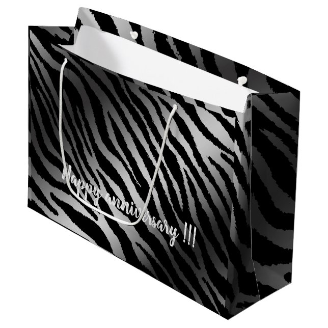 Luxuriöse moderne Zebra Silver Black Line Große Geschenktüte (Vorderseite Schrägansicht)