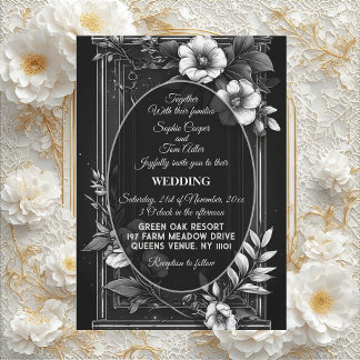 Luxuriöse monochrome Kunst Schwarze Vintage-Blumen Einladung