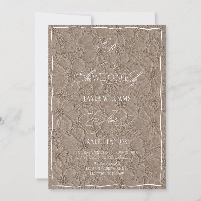 Luxuriöse Monogramm Hellbraune Florale Hochzeit Einladung (Vorderseite)