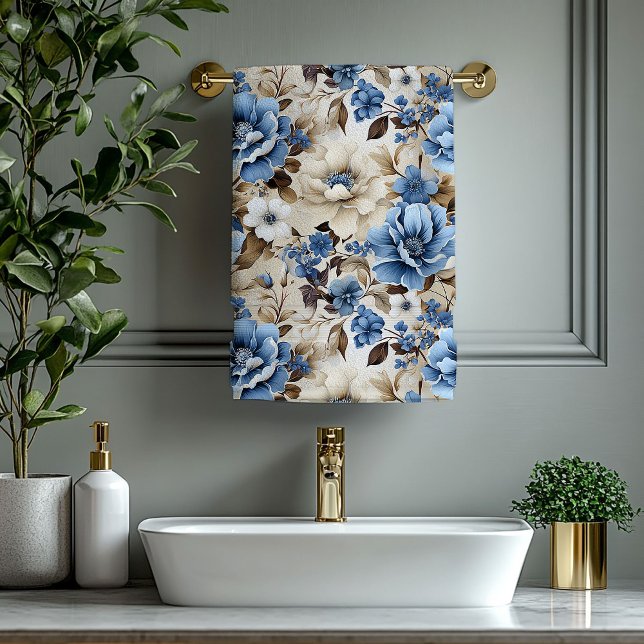 Luxuriöse Navy Blau Gold Blumen Badetuch Badhandtuch Set (Luxurious Navy Blue Gold Flowers Bath Towel)