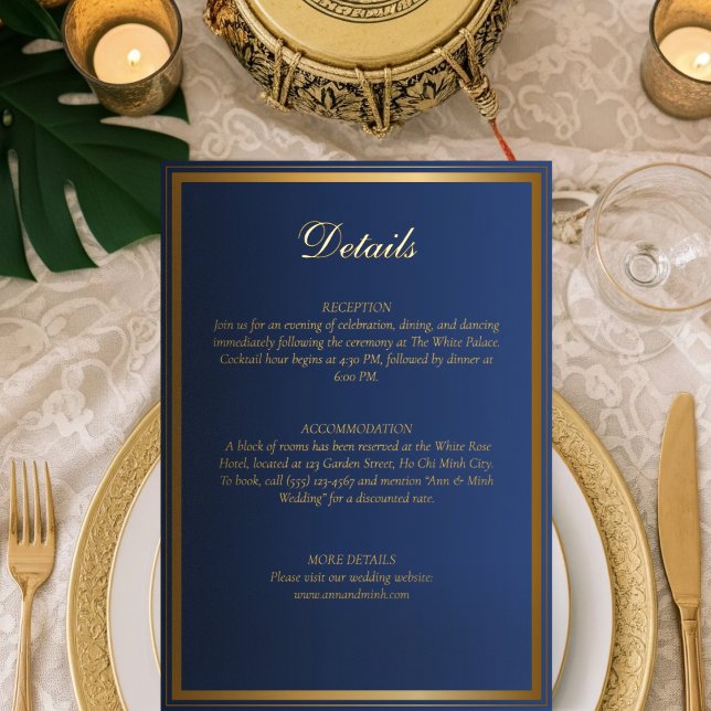 Luxuriöse Navy Blue & Gold Wedding Details Card Folieneinladung (Von Creator hochgeladen)