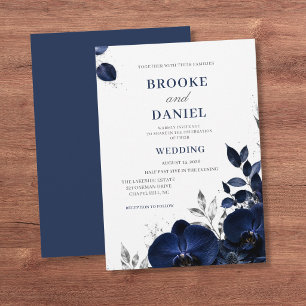 Luxuriöse Navy-Orchideen-Silber-Glitter-Hochzeit Einladung