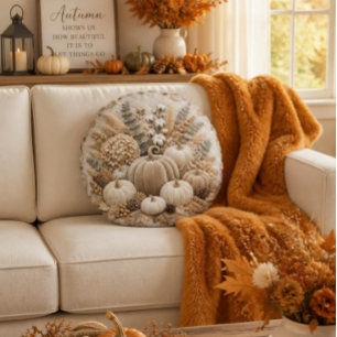 Luxuriöse neutrale Herbst-Kürbisstickerei Rundes Kissen
