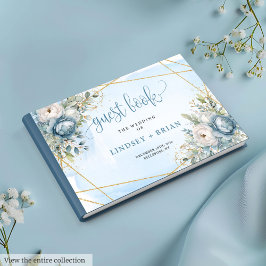 Luxuriöse Pastel Blue White Gold Blume Hochzeit Gästebuch