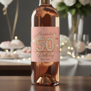 Luxuriöse Perle Soft Pink Gold 50. Geburtstag Weinetikett