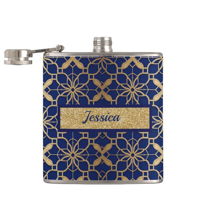 Luxuriöse personalisierte Navy- und Goldflasche fü Flachmann (Geöffnet)