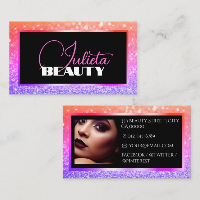 Luxuriöse Pfirsichrosa Sparkle Glitzer Vorlage Fot Visitenkarte (Vorne/Hinten)
