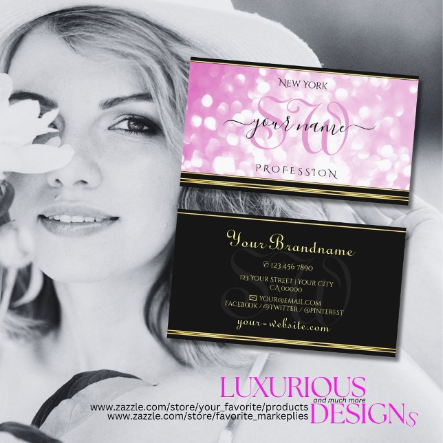 Luxuriöse Pink Glitzer Black Gold Border Initialen Visitenkarte (Von Creator hochgeladen)