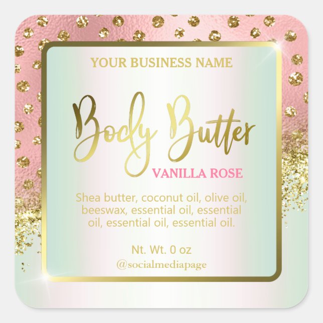 Luxuriöse Pink Gold Dots Body Butter Labels Quadratischer Aufkleber (Vorderseite)