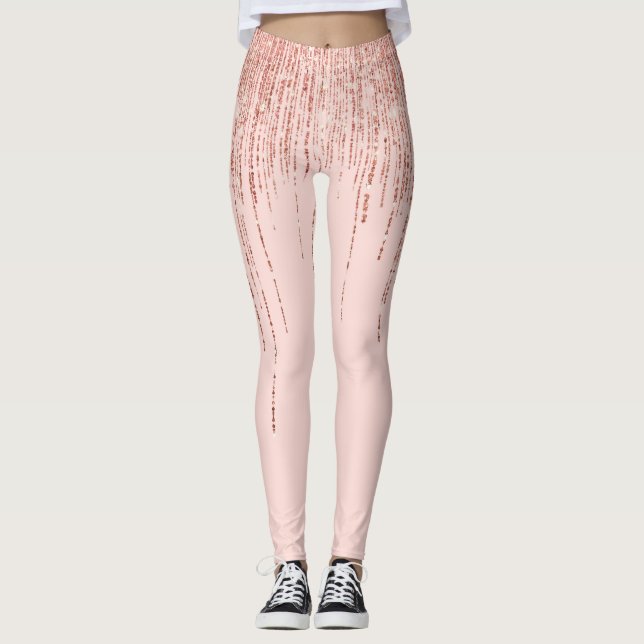 Luxuriöse Pink Rose Gold Funkelnd Glitzer Fringe Leggings (Vorderseite)