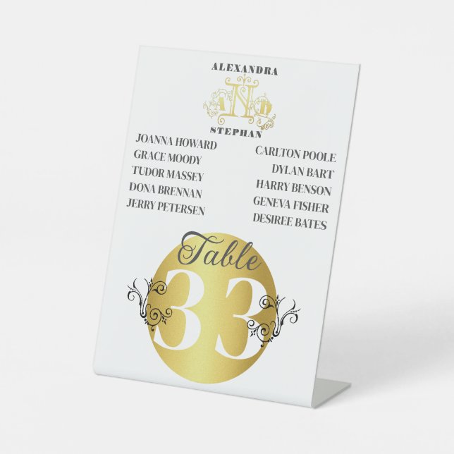 Luxuriöse Romantik Blüh Wedding Gold Tischnummer Sockelschild (Vorderseite)