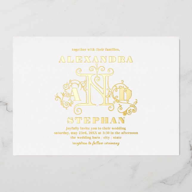 Luxuriöse romantische Blüh Calligraphy Wedding Gol Folieneinladung (Vorderseite)