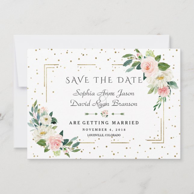 Luxuriöse Rosa Blume Gold Frame Confetti Wedding Save The Date (Vorderseite)