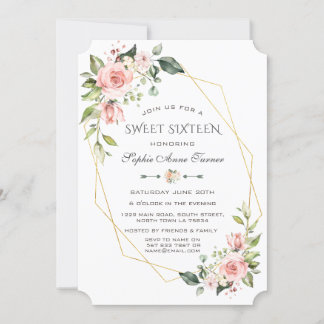 Luxuriöse Rosa Blush Blues Gold Frame 16 . Geburts Einladung