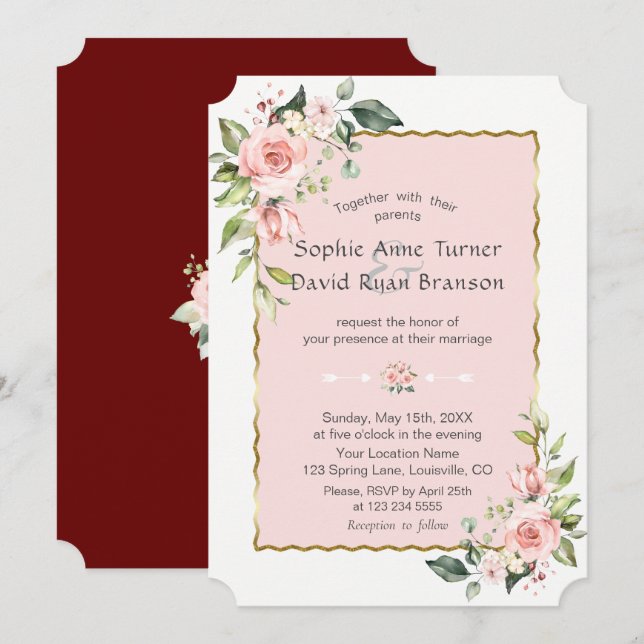 Luxuriöse Rosa Blush Blume Goldrahmen Hochzeit Einladung (Vorne/Hinten)