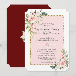 Luxuriöse Rosa Blush Blume Goldrahmen Hochzeit Einladung