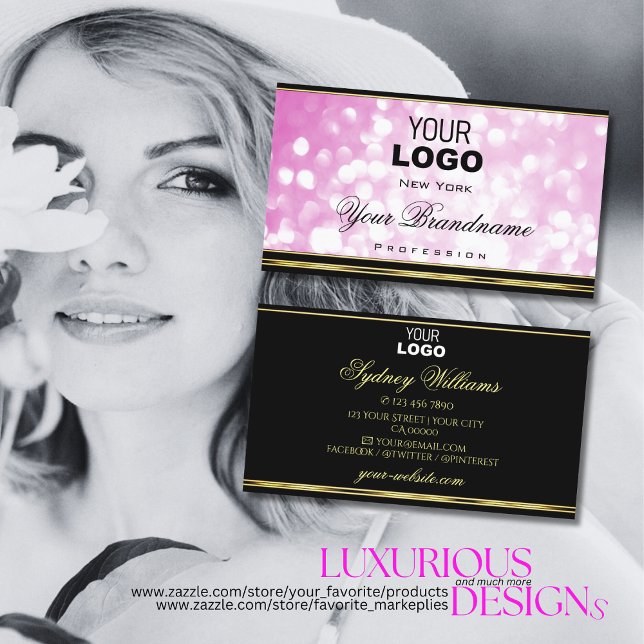 Luxuriöse Rosa Glitzer Black Gold Border und Logo Visitenkarte (Von Creator hochgeladen)