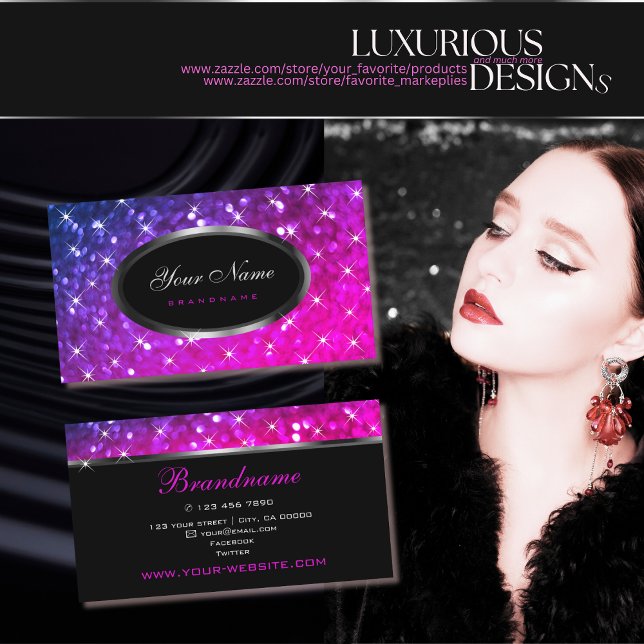 Luxuriöse rosa Lila Glitzer Luminous Stars Elegant Visitenkarte (Von Creator hochgeladen)