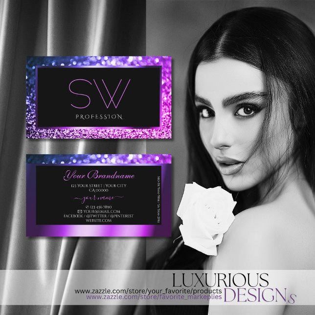 Luxuriöse rosa Lila Ombre Sparkle Glitzer Monogram Visitenkarte (Von Creator hochgeladen)