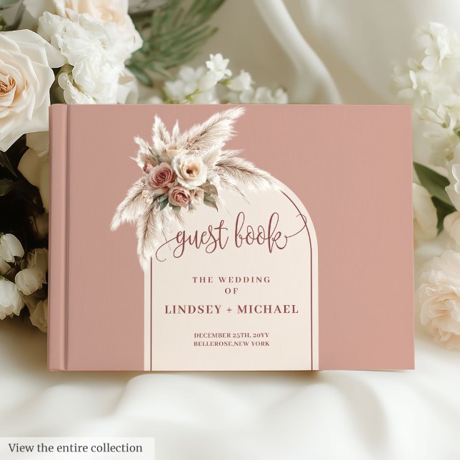 Luxuriöse, rosa Pampas Rose Boho Arch Wedding Gästebuch (Luxury Dusty Pink Pampas Roses Boho Arch Wedding Guest Book)