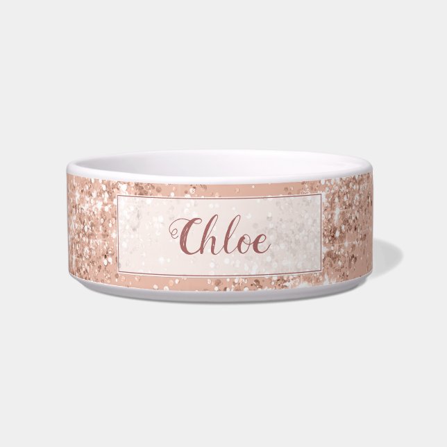 Luxuriöse Rosa Rose Gold Glitzer Monogram Pet Napf (Vorderseite)