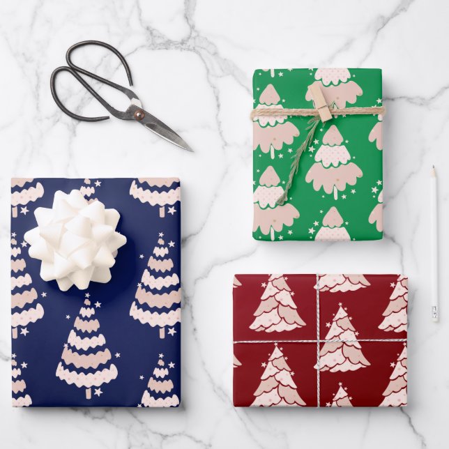 Luxuriöse Rosa Weihnachtsbaummuster Elegant Einfac Geschenkpapier Set (Vorderseite)