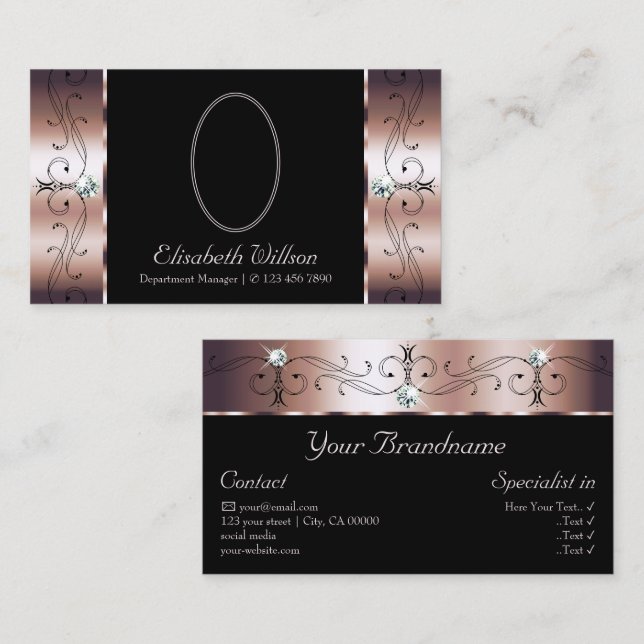 Luxuriöse Rose Gold Black Squiggled Juwelen mit Fo Visitenkarte (Vorne/Hinten)