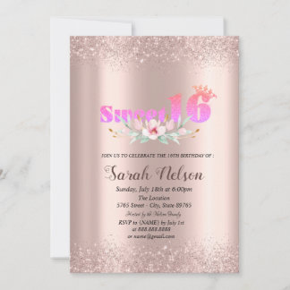 Luxuriöse Rose Gold Glitzer Aquarell Blume 16 Einladung