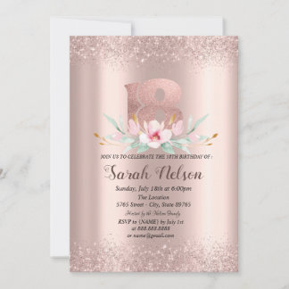Luxuriöse Rose Gold Glitzer Aquarell Blume 18 Einladung