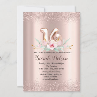 Luxuriöse Rose Gold Glitzer Aquarell Blume 18 Einladung