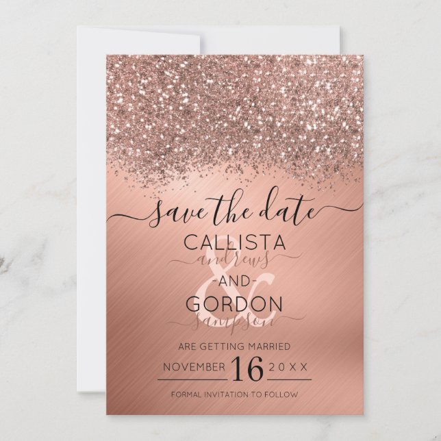 Luxuriöse Rose Gold Glitzer Confetti Metallic Wedd Save The Date (Vorderseite)