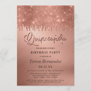 Luxuriöse Rose Gold Glitzer Pixel Quinceañera Einladung