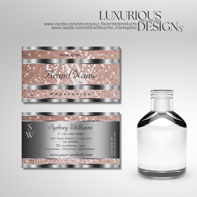 Luxuriöse Rose Gold Glitzer Stars Monogram Silver Visitenkarte (Von Creator hochgeladen)