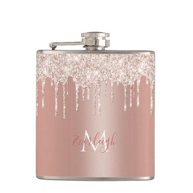 Luxuriöse Rose Gold Glitzer Tropfen mit Name/Monog Flachmann (Vorderseite)