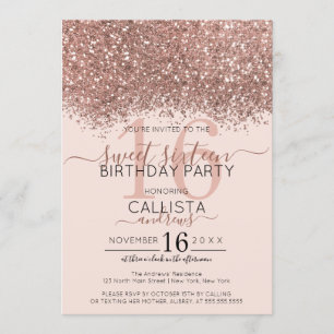 Luxuriöse Rose Gold Pink Glitzer Confetti Sweet 16 Einladung