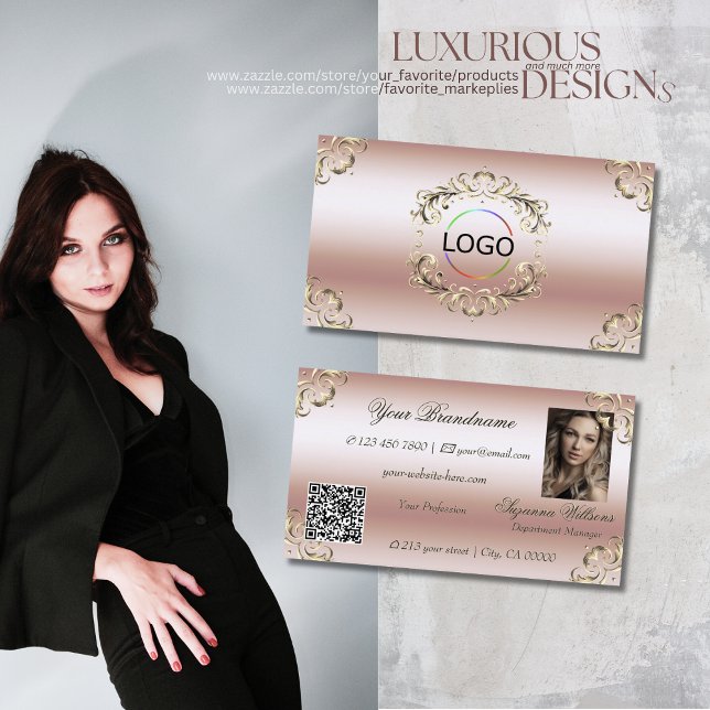 Luxuriöse Rose Gold Verziertes Logo Foto und QR Co Visitenkarte (Von Creator hochgeladen)