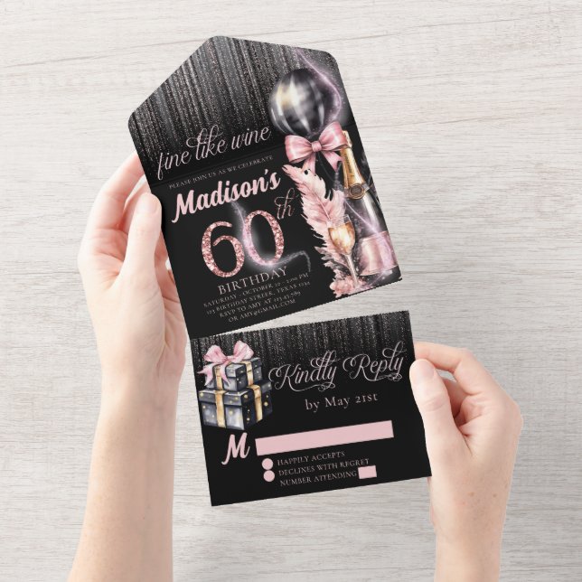 Luxuriöse Rose Wein Erwachsene 60. Geburtstag All In One Einladung (Abreißen)