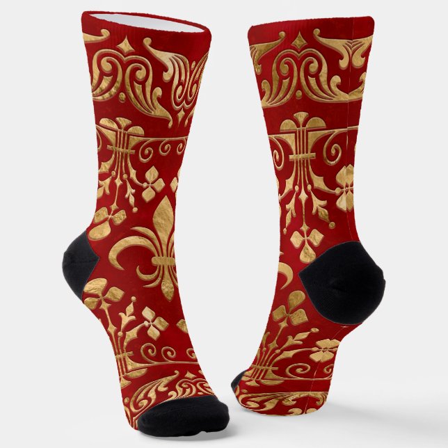 Luxuriöse Rot- und Goldverzierungen Fleur-de-lis Socken (Gewinkelt)